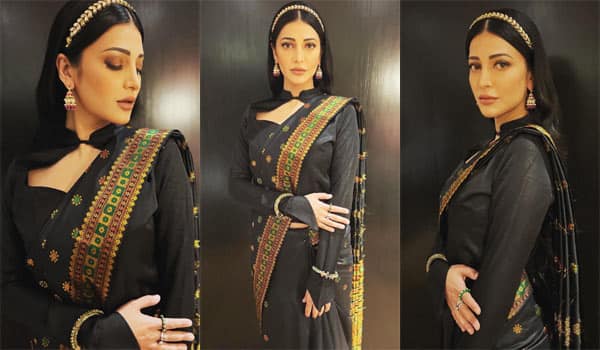 Shrutihaasan-look-in-black-saree