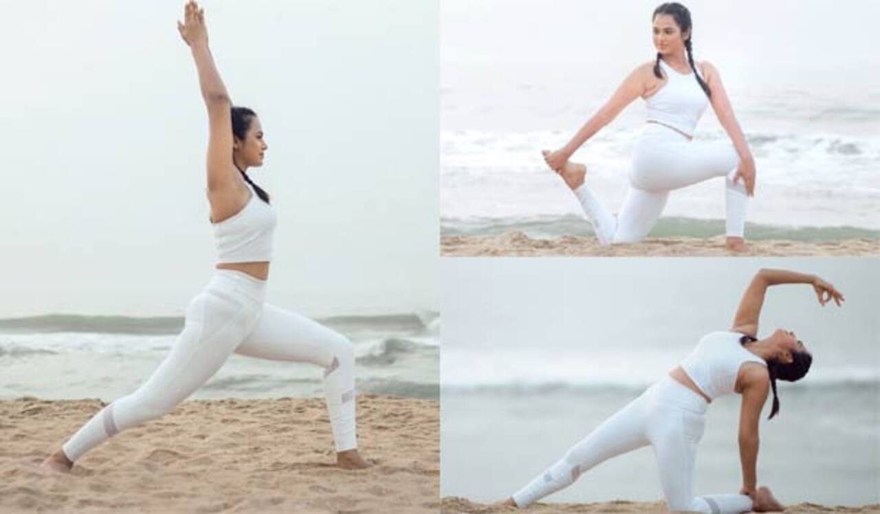 பீச்சில் யோகா போட்டோசூட் நடத்திய ரம்யா பாண்டியன்
