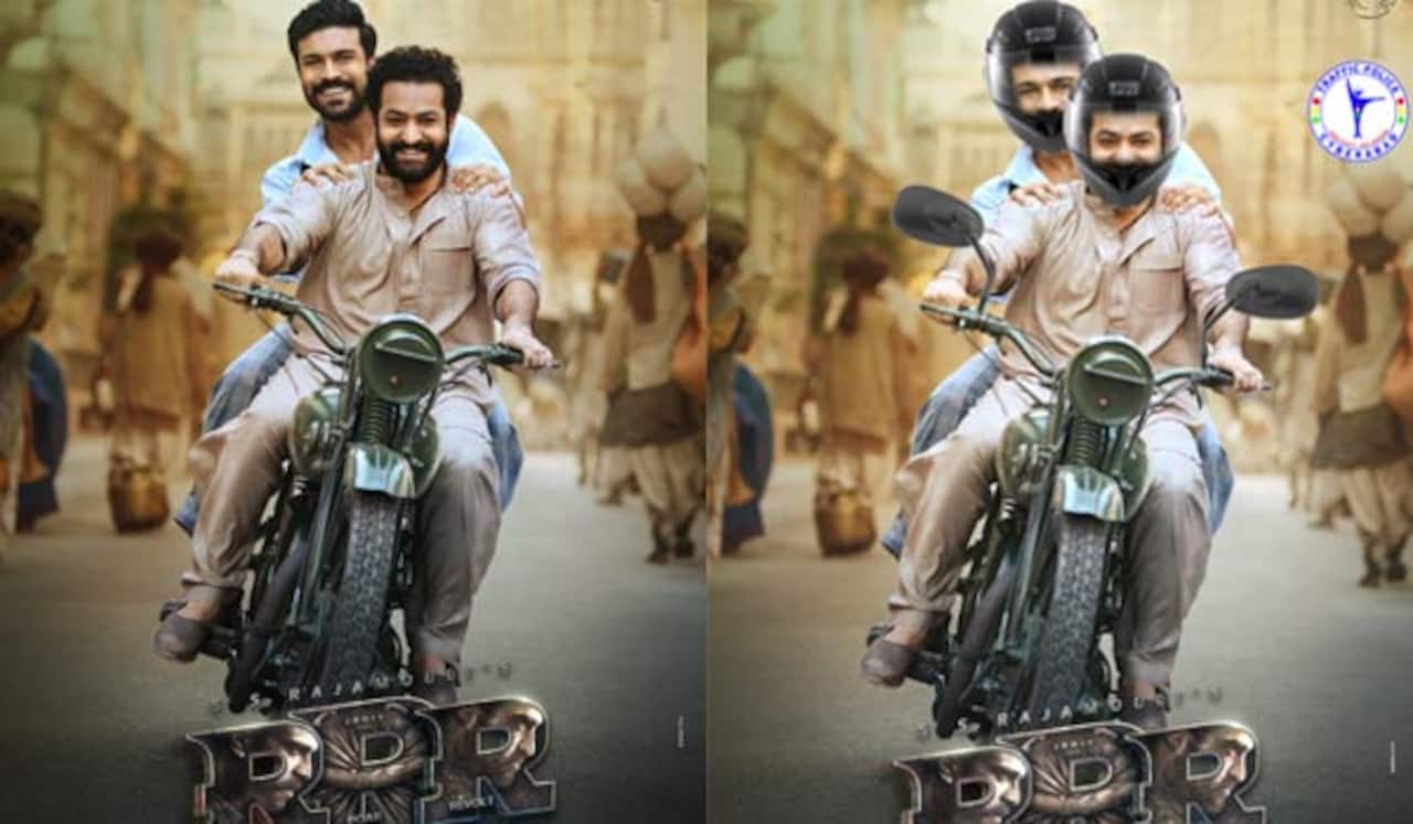 ஆர்ஆர்ஆர் போஸ்டருக்கு ஹெல்மெட் வரைந்த போலீஸ்