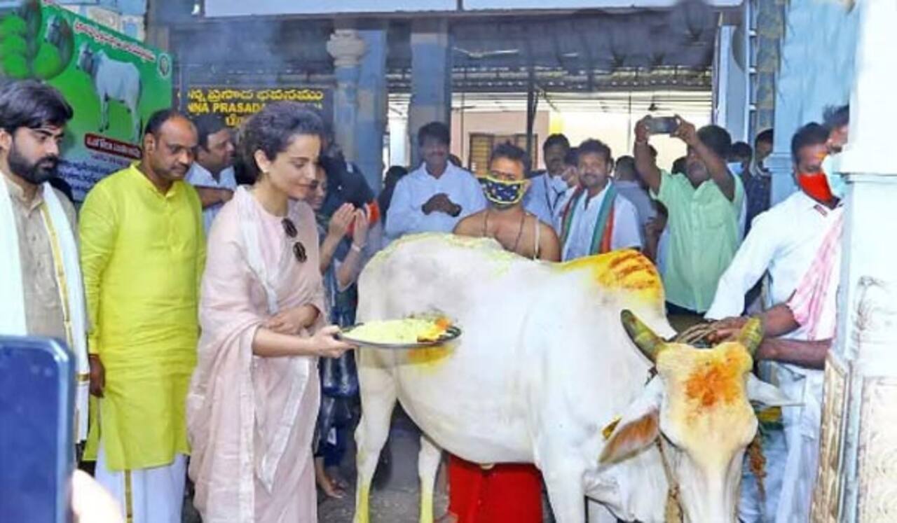 காளகஸ்தி கோவிலில் கங்கணா ரணவத்: கோ பூஜை செய்து வழிபாடு