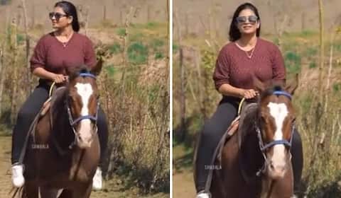 ஸ்டைலாக குதிரை சவாரி செய்யும் மகேஸ்வரி