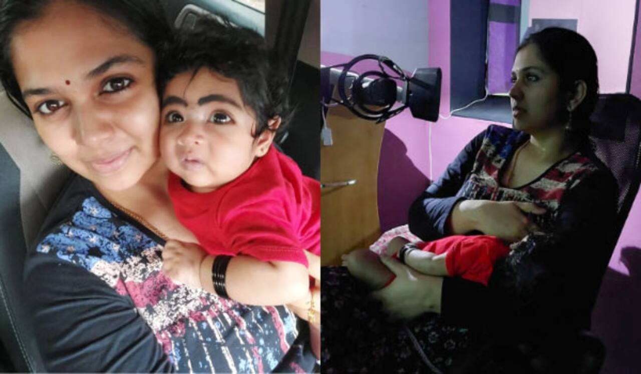 கைக்குழந்தையை மடியில் வைத்துக்கொண்டு டப்பிங் பேசிய அஞ்சலி நாயர்