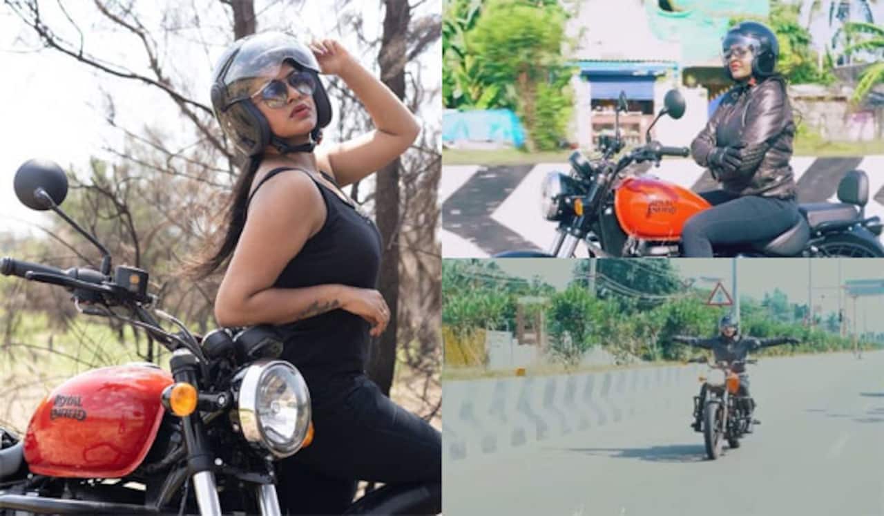 புல்லட் பைக்கில் ரச்சிதா சாகசம்