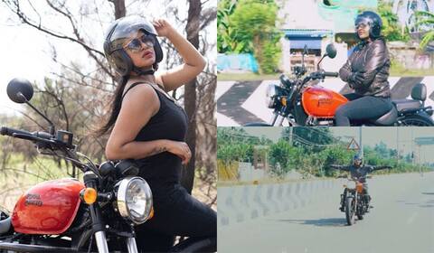 புல்லட் பைக்கில் ரச்சிதா சாகசம்
