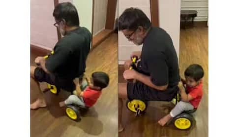 மகனுடன் சிறிய சைக்கிளை ஓட்டி விளையாடும் செல்வராகவன்!