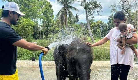 யானைக்குட்டியை குளிப்பாட்டி மகளை குஷிப்படுத்திய ராம்சரண்