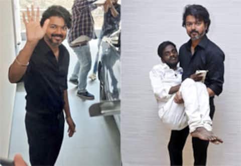 விஜய் காரில்  ஒட்டி இருந்த கருப்பு நிற ஸ்டிக்கர் அகற்றம்