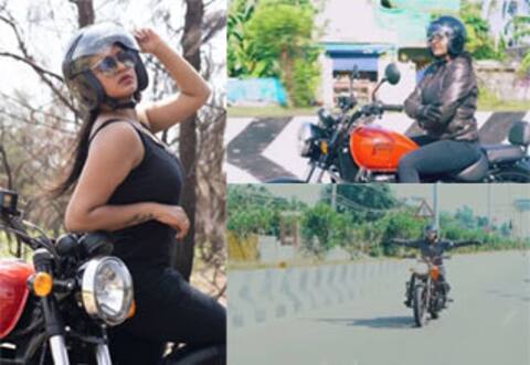 புல்லட் பைக்கில் ரச்சிதா சாகசம்