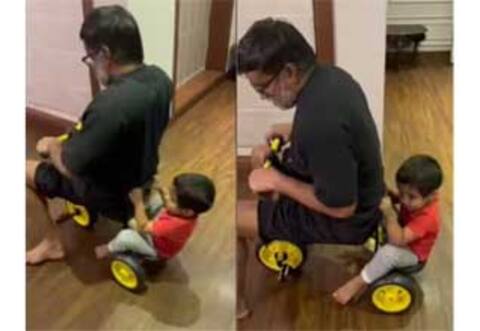 மகனுடன் சிறிய சைக்கிளை ஓட்டி விளையாடும் செல்வராகவன்!