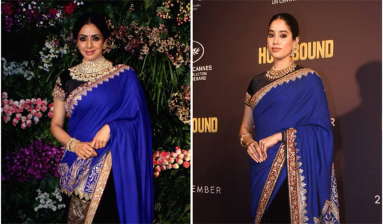 மறைந்த தாயார் ஸ்ரீதேவி அணிந்த நீல நிற சேலையில் கவனம் பெற்ற ஜான்வி கபூர்!