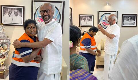 தூய்மை பணியாளருக்கு தங்கச் சங்கிலி அணிவித்து பாராட்டிய ரஜினி