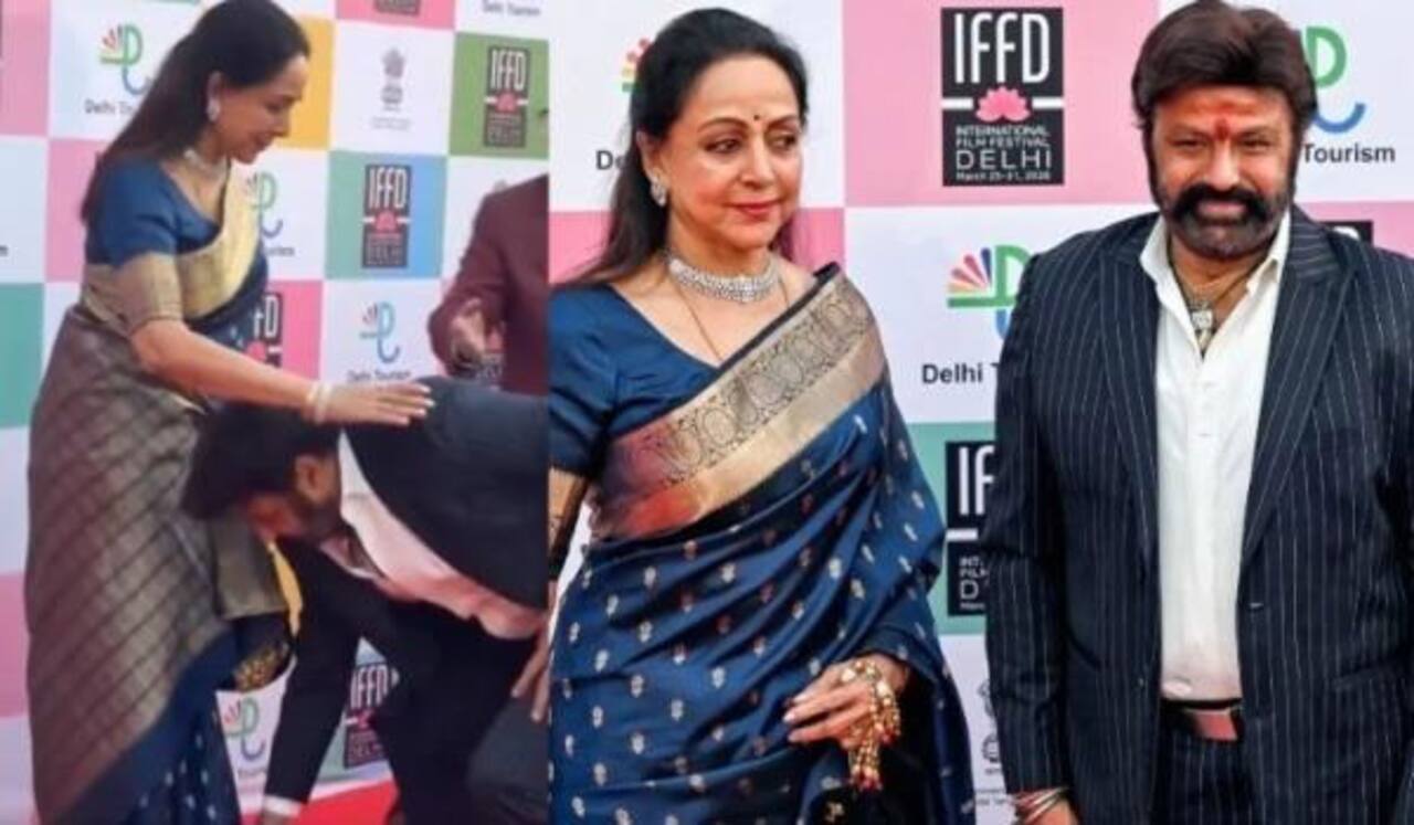 டில்லியில் ஹேமமாலினியின் பாதங்களைத் தொட்டு வணங்கிய பாலகிருஷ்ணா