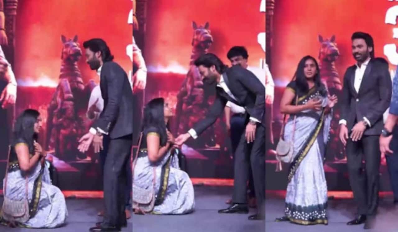 கர புரமோஷன் மேடையில் காலில் விழுந்த ரசிகை ; பதறிய தனுஷ்