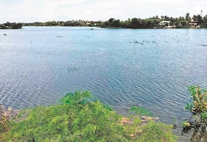 தஞ்சாவூர் அருகே, தண்ணீர் நிரம்பி இருக்கும் சமுத்திரம் ஏரி.