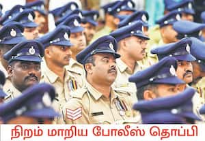 வட்ட வடிவிலான காக்கி நிற தொப்பி அணிந்து வந்த கர்நாடக போலீசாருக்கு நேவி ...