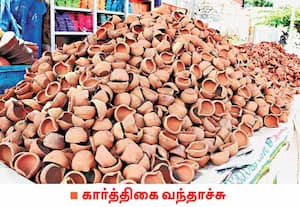 களிமண்ணால் செய்யப்பட்ட அகல் விளக்குகள் விற்பனைக்கு வைக்கப்பட்டுள்ளன. ...