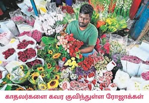 காதலர் தினம் (நாளை பிப்ரவரி 14) கொண்டாடப்படுவதை முன்னிட்டு, கோயம்பேடு பூ ...