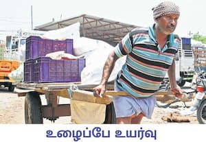 காய்கறி மற்றும் தக்காளிப்பெட்டிகளை வண்டியில் வைத்து இழுத்துச் செல்லும் ...