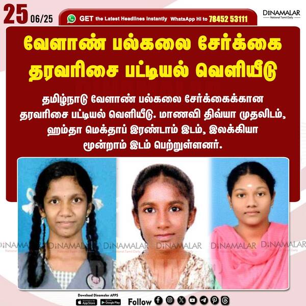 வேளாண் பல்கலை சேர்க்கை தரவரிசை பட்டியல் வெளியீடு 