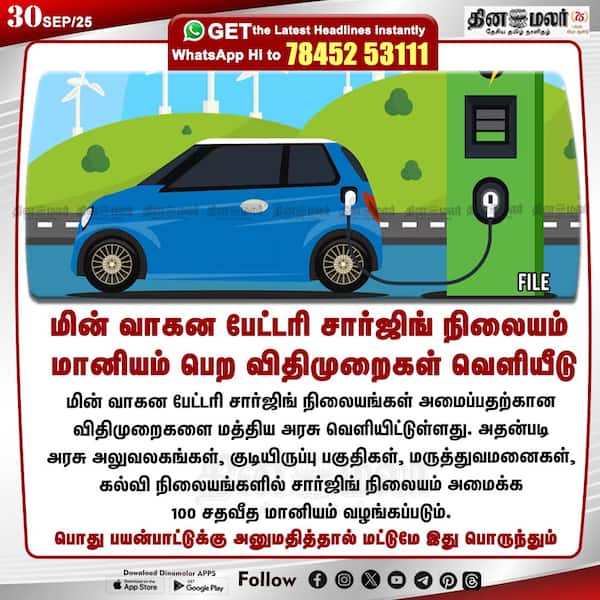மின் வாகன பேட்டரி சார்ஜிங் நிலையம் மானியம் பெற விதிமுறைகள் வெளியீடு 