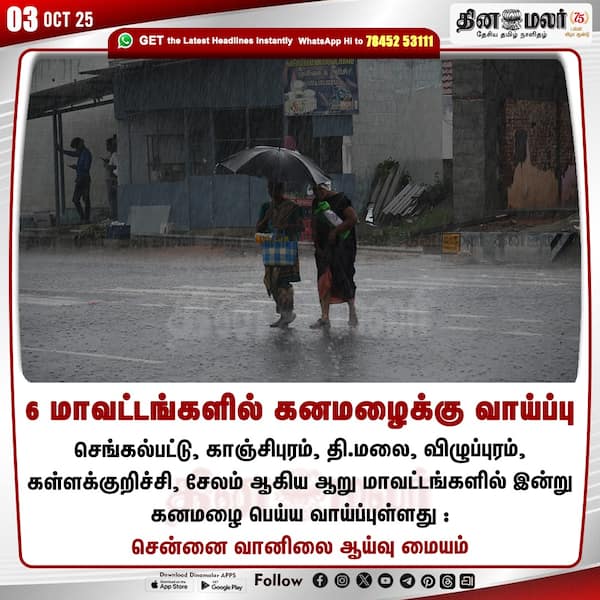 6 மாவட்டங்களில் கனமழைக்கு வாய்ப்பு 