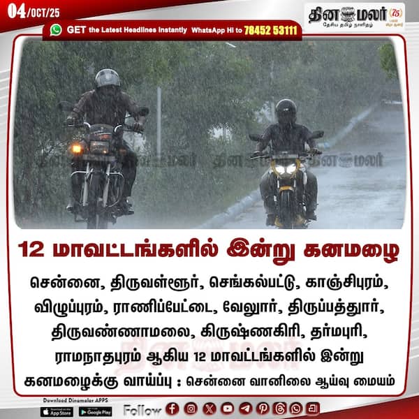 12 மாவட்டங்களில் இன்று கனமழை 