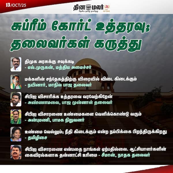 சுப்ரீம்கோர்ட் உத்தரவு ; தலைவர்கள் கருத்து 