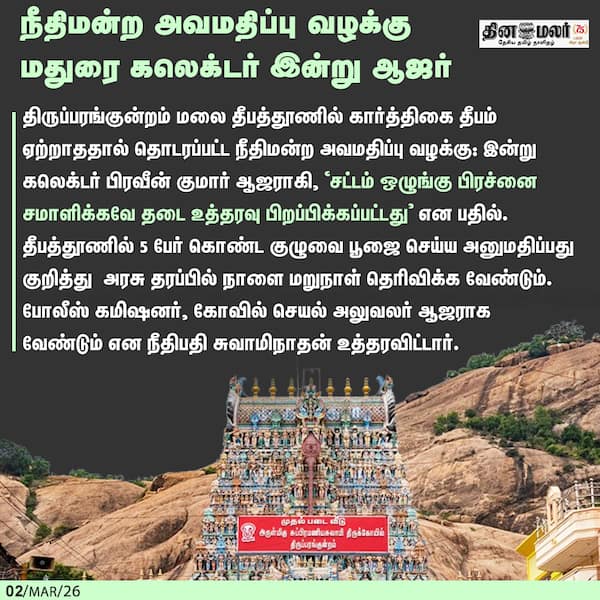 நீதிமன்ற அவமதிப்பு வழக்கு மதுரை கலெக்டர் இன்று ஆஜர் 