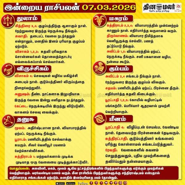 இன்றைய ராசிபலன் (07/03/2026) 