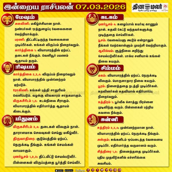 இன்றைய ராசிபலன் (07/03/2026) 