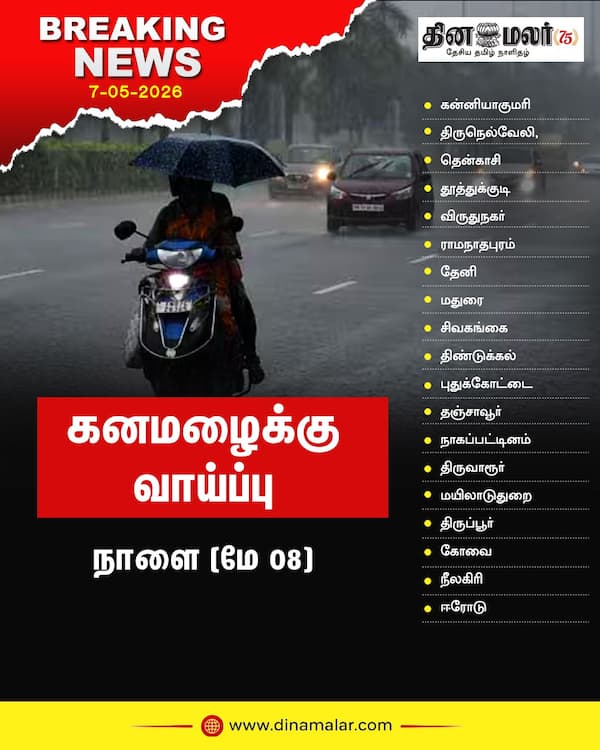 கனமழைக்கு வாய்ப்பு நாளை (மே 08) 