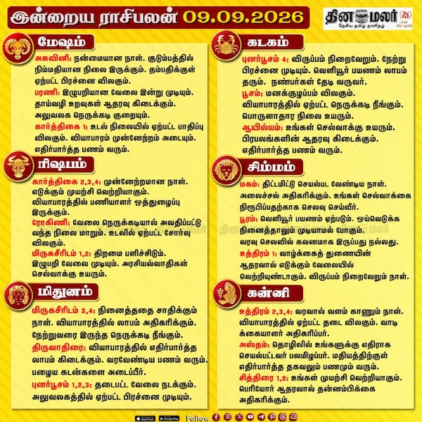  இன்றைய ராசிபலன் (09-09-2026) 