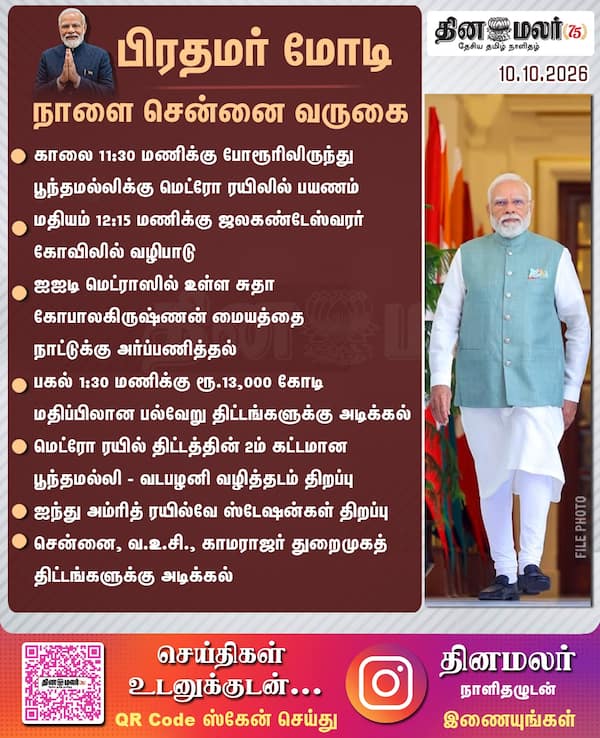 பிரதமர் மோடி நாளை சென்னை வருகை 