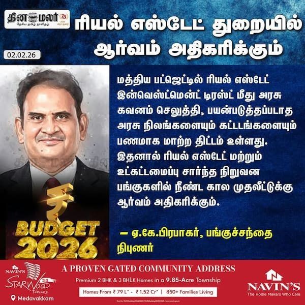 ரியல் எஸ்டேட் துறையில் ஆர்வம் அதிகரிக்கும் -ஏ.கே.பிரபாகர் பங்குச்சந்தை நிபுணர் 