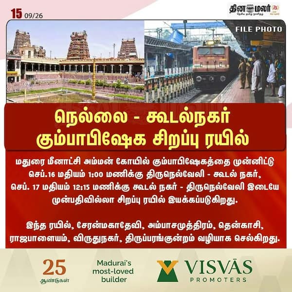 நெல்லை - கூடல்நகர் கும்பாபிஷேக சிறப்பு ரயில் 