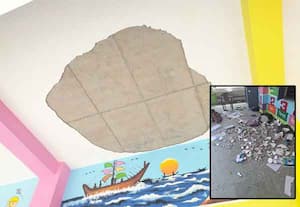 அரசு பள்ளி 'சீலிங்' பெயர்ந்து விழுந்து 5 மாணவ - மாணவியர் பலத்த காயம்; பயன்பாட்டிற்கு வந்து 3 மாதமே ஆன கட்டடம்