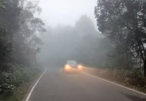 ﻿ 'கொடை' மலையில் அடர் பனிமூட்டம் முகப்பு விளக்கை எரியவிட்ட வாகனங்கள்