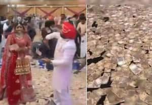 திருமண வரவேற்பில் ரூ.8.5 கோடியை மணமகள் மீது கொட்டி அலப்பறை; வீடியோ வைரல்