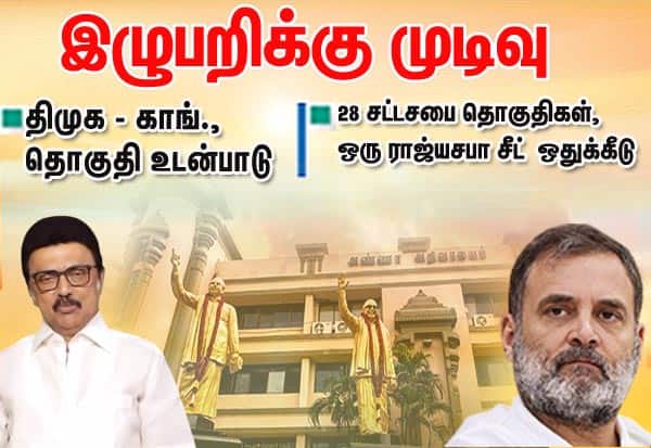 இழுபறிக்கு முடிவு: திமுக - காங்.,  தொகுதி உடன்பாடு: 28 சட்டசபை தொகுதிகள், ஒரு ராஜ்யசபா சீட்  ஒதுக்கீடு