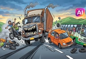 பைக், கார், பஸ் மீது லாரி மோதல் :2 பைக்கில் சென்ற நால்வர் பலி