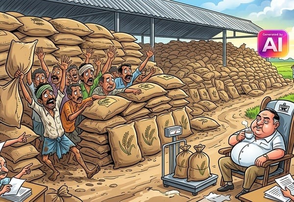  கொள்முதல் மையத்திலேயே குவிந்துள்ள நெல் மூட்டைகள்