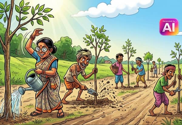 மரக்கன்றுகளை பராமரிக்கும் பணியில் தொழிலாளர்கள்