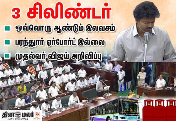 ஆண்டுக்கு 3 சிலிண்டர் இலவசம், பரந்துார் விமான நிலையம் திட்டம் கைவிடப்படும்: முதல்வர் விஜய் அறிவிப்பு